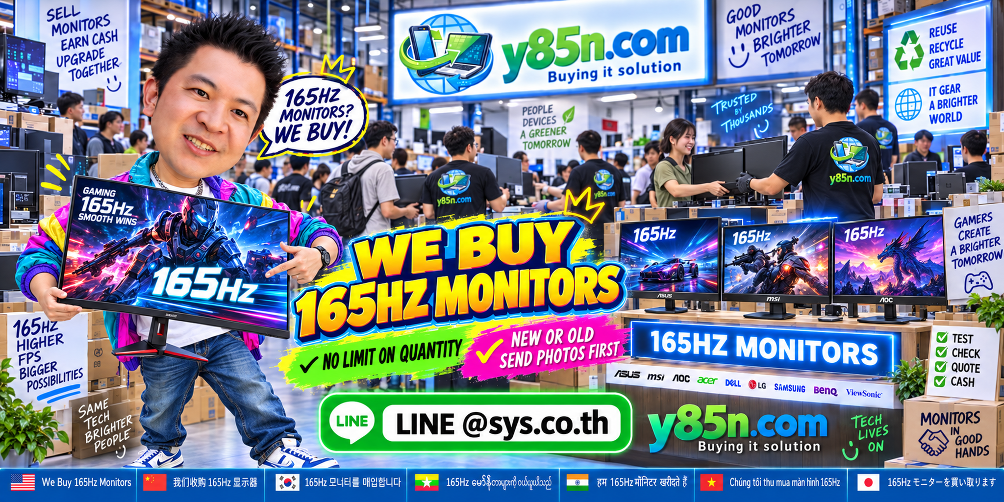 Busy Y85N.com warehouse evaluating used 165Hz gaming monitors from multiple sellers