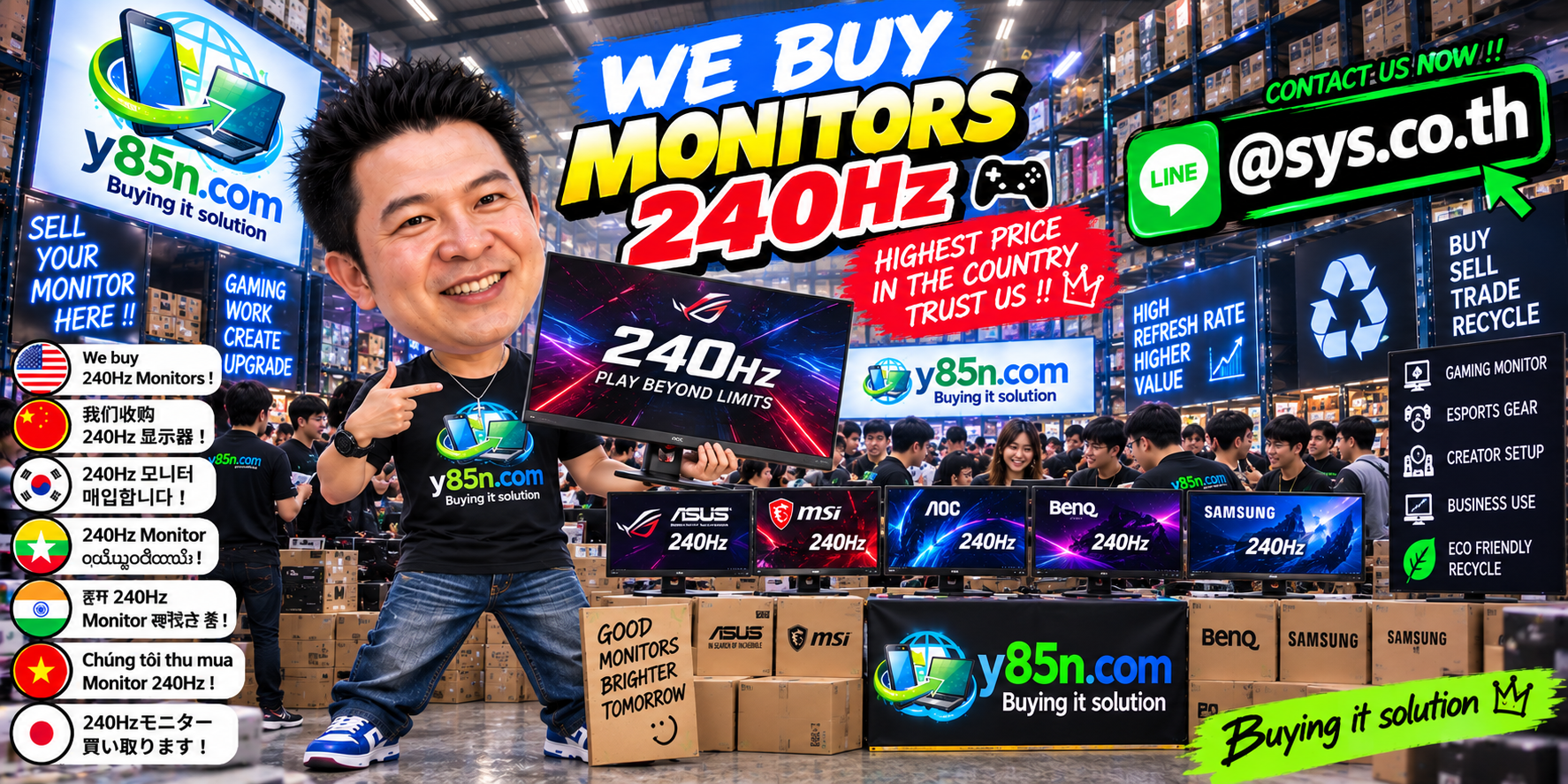 Y85N.com warehouse buying used Full HD and QHD monitors with international seller messaging