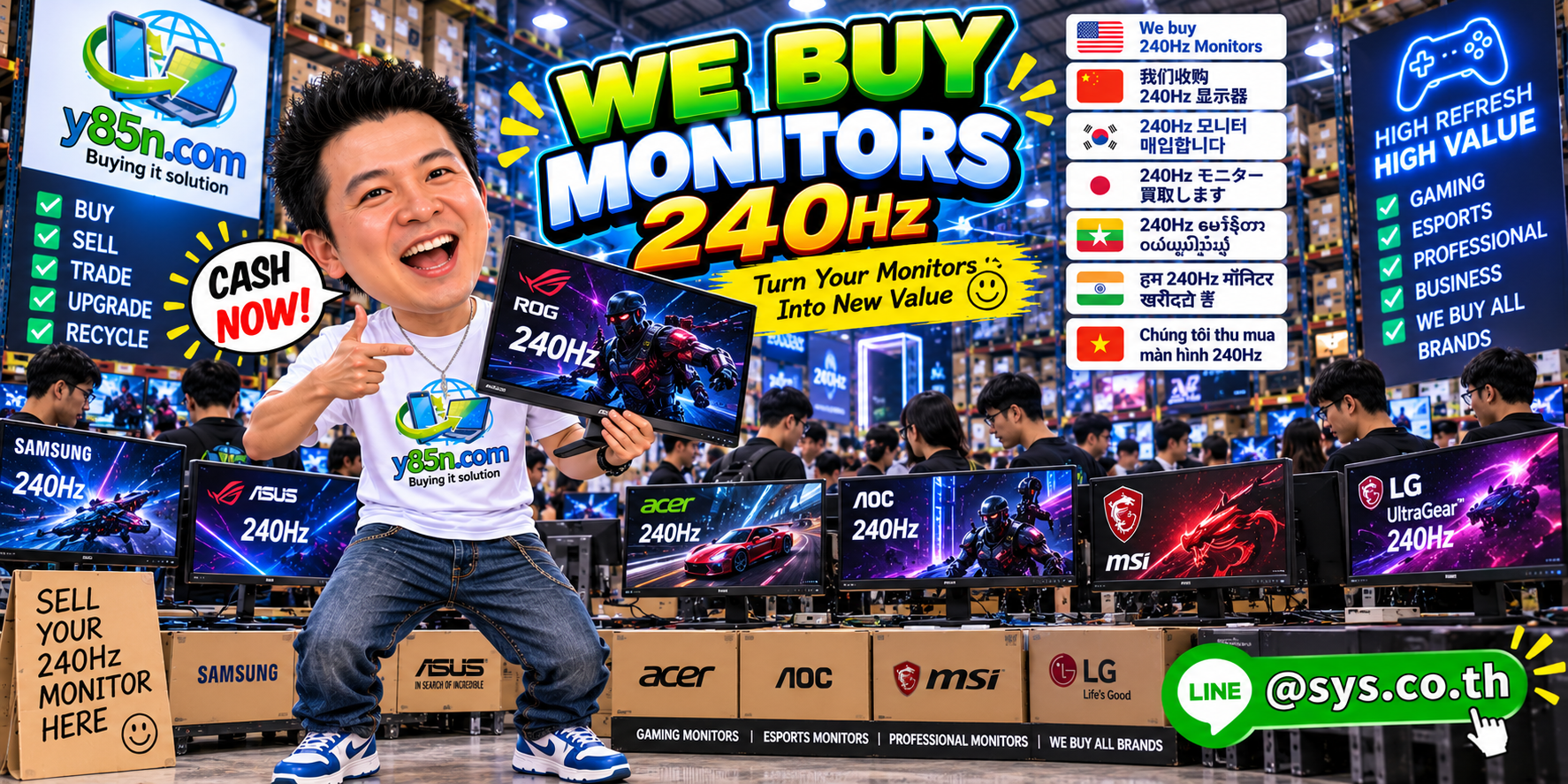 Busy Y85N.com warehouse buying 240Hz gaming monitors in Thailand