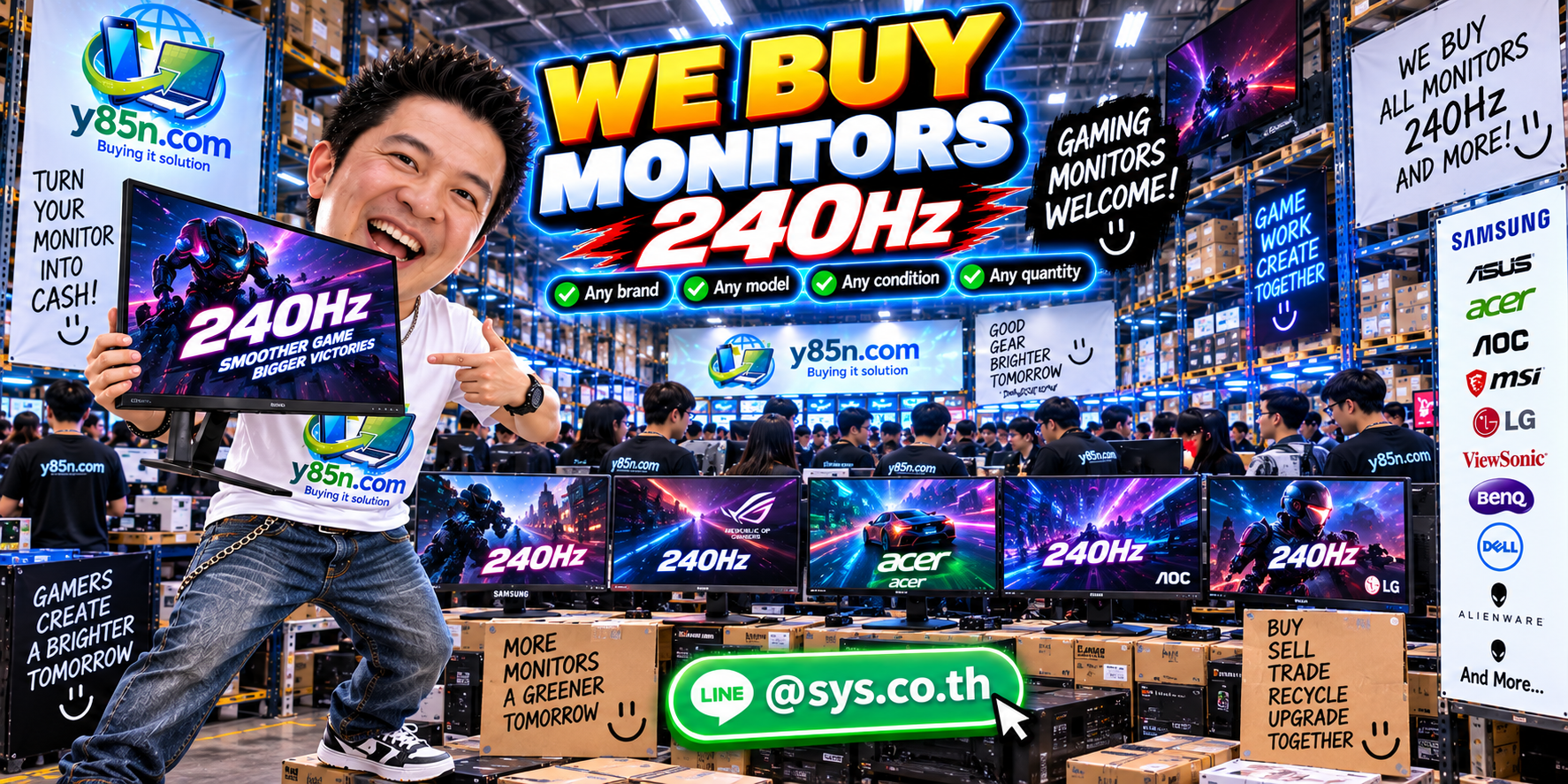 Y85N.com team and customers at a busy 240Hz monitor buying warehouse