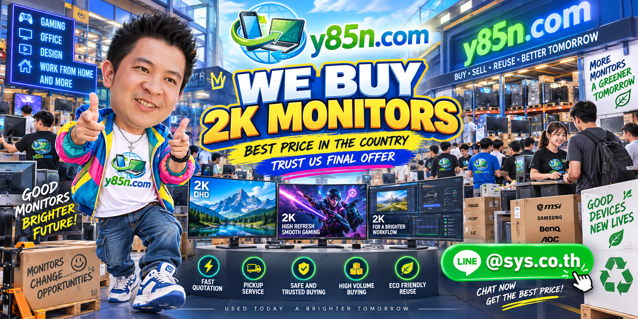 Y85N.com warehouse buying used 2K QHD monitors with international seller messaging