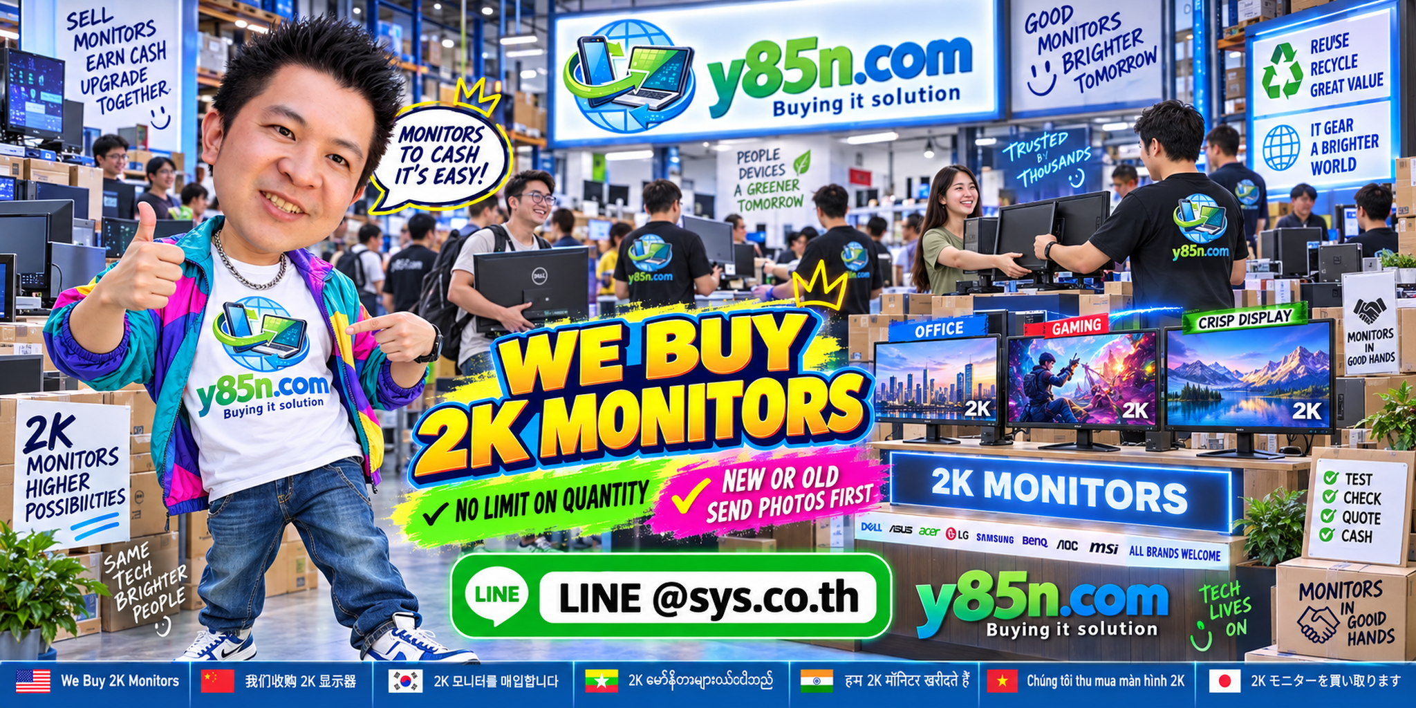 Y85N.com team and customers at a busy 2K monitor buying warehouse