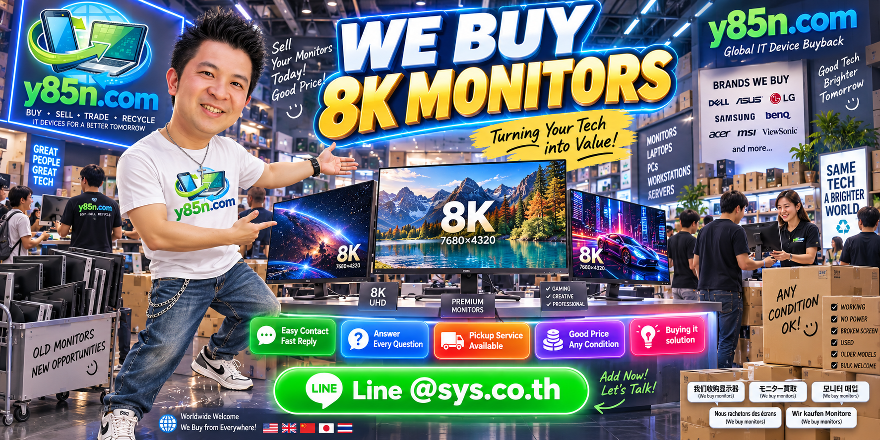 Y85N.com 8K monitor buying service contact banner with LINE at sys.co.th