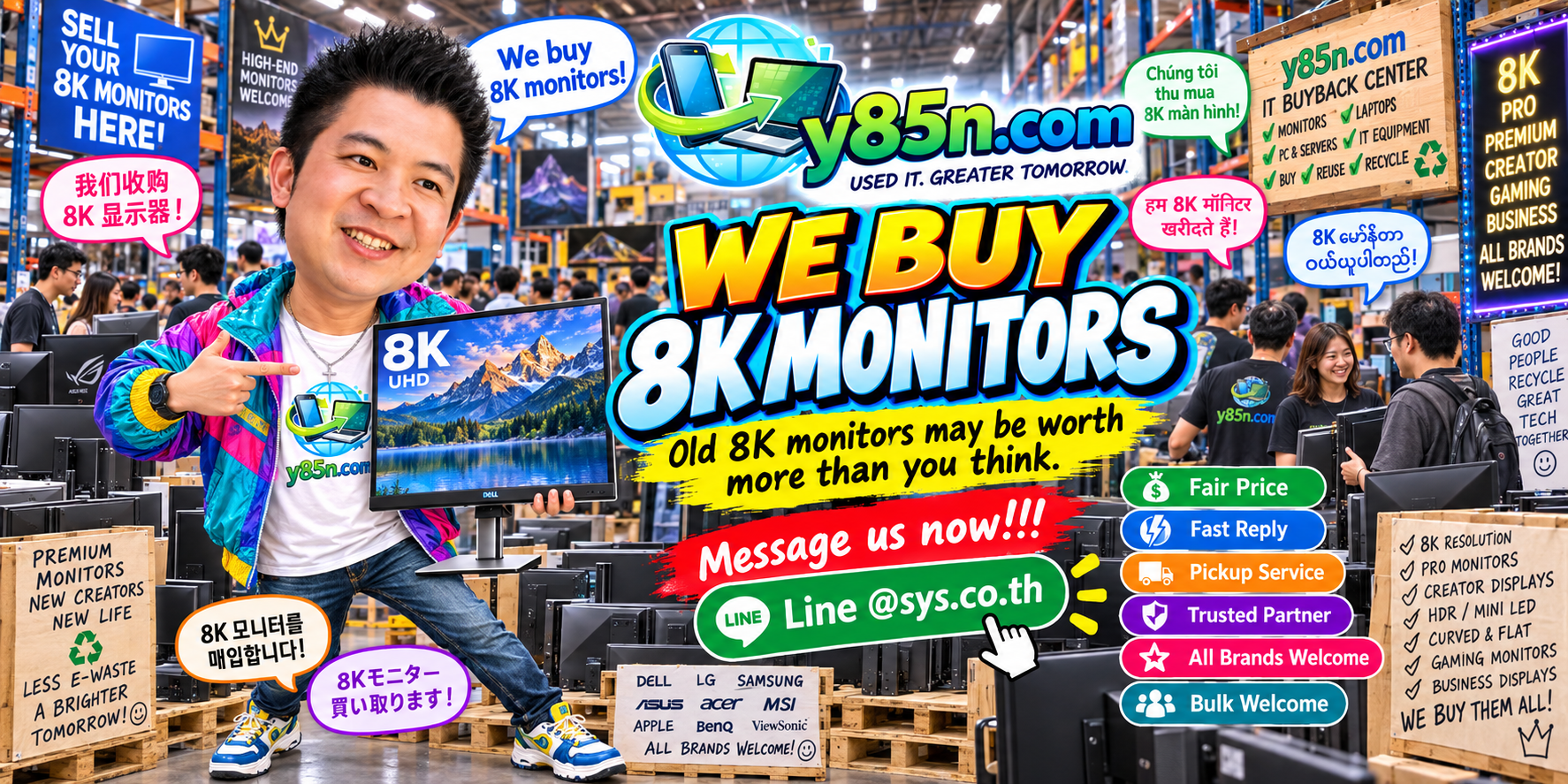 Busy Y85N.com warehouse buying 8K monitors and professional displays in Thailand