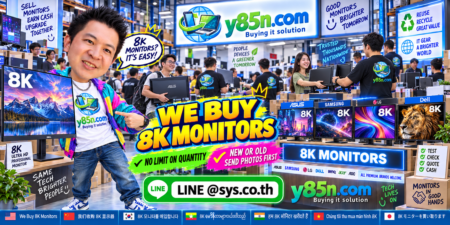 Busy Y85N.com monitor buying warehouse with 8K displays and international sellers