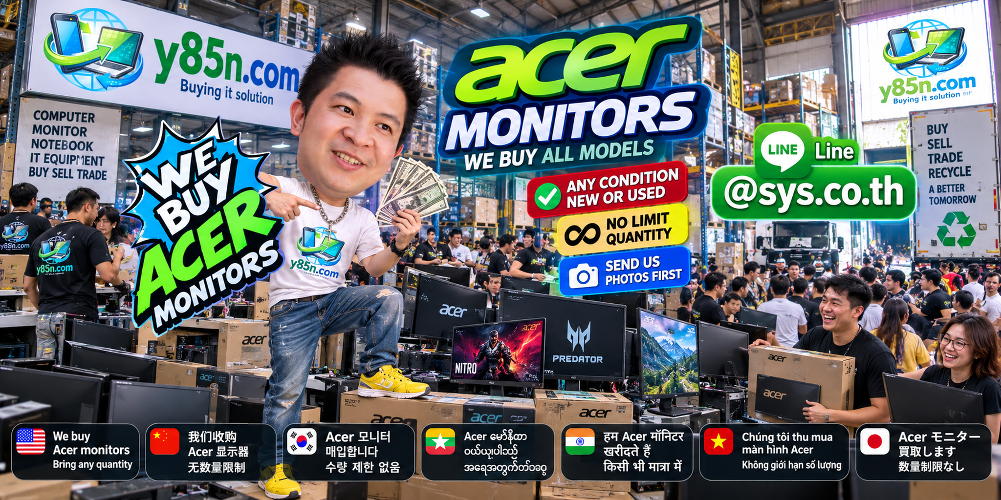 Y85N.com team and customers at a busy Acer monitor buying warehouse