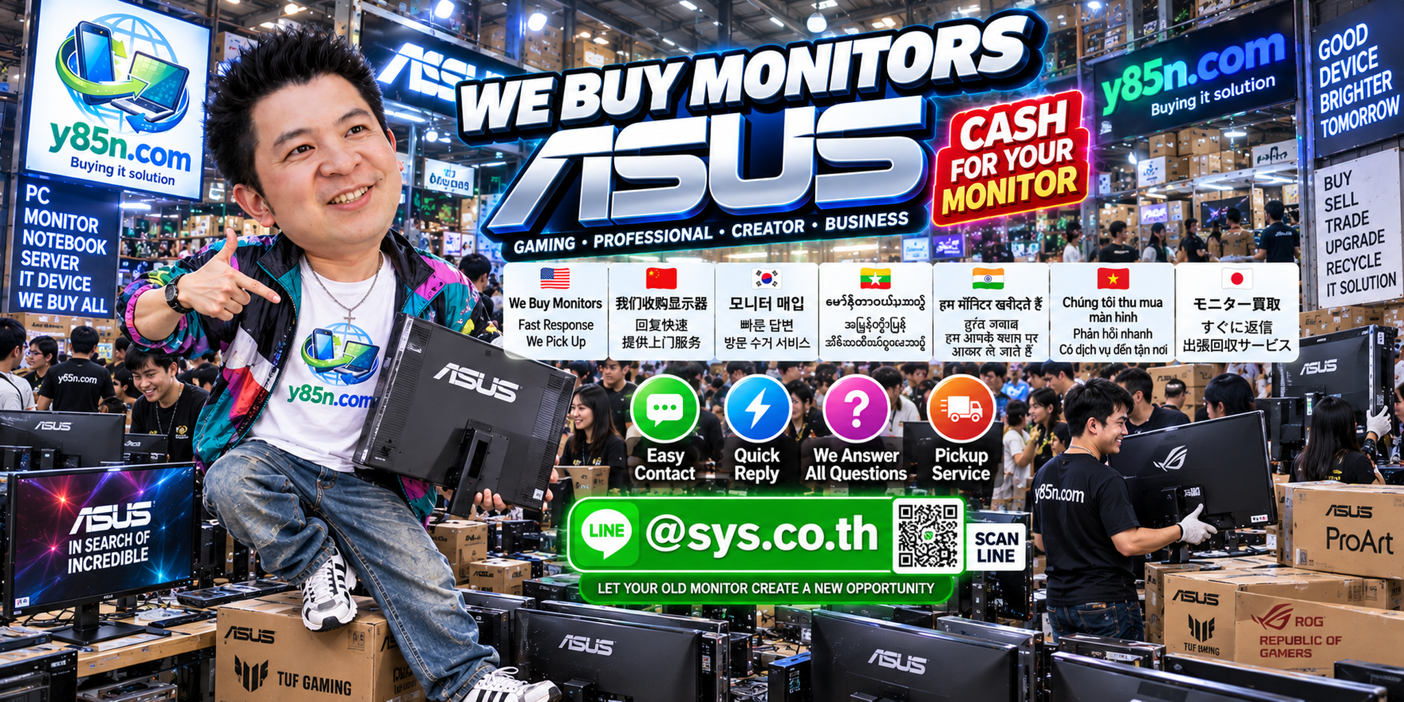Y85N.com ASUS monitor buying service contact banner with LINE at sys.co.th
