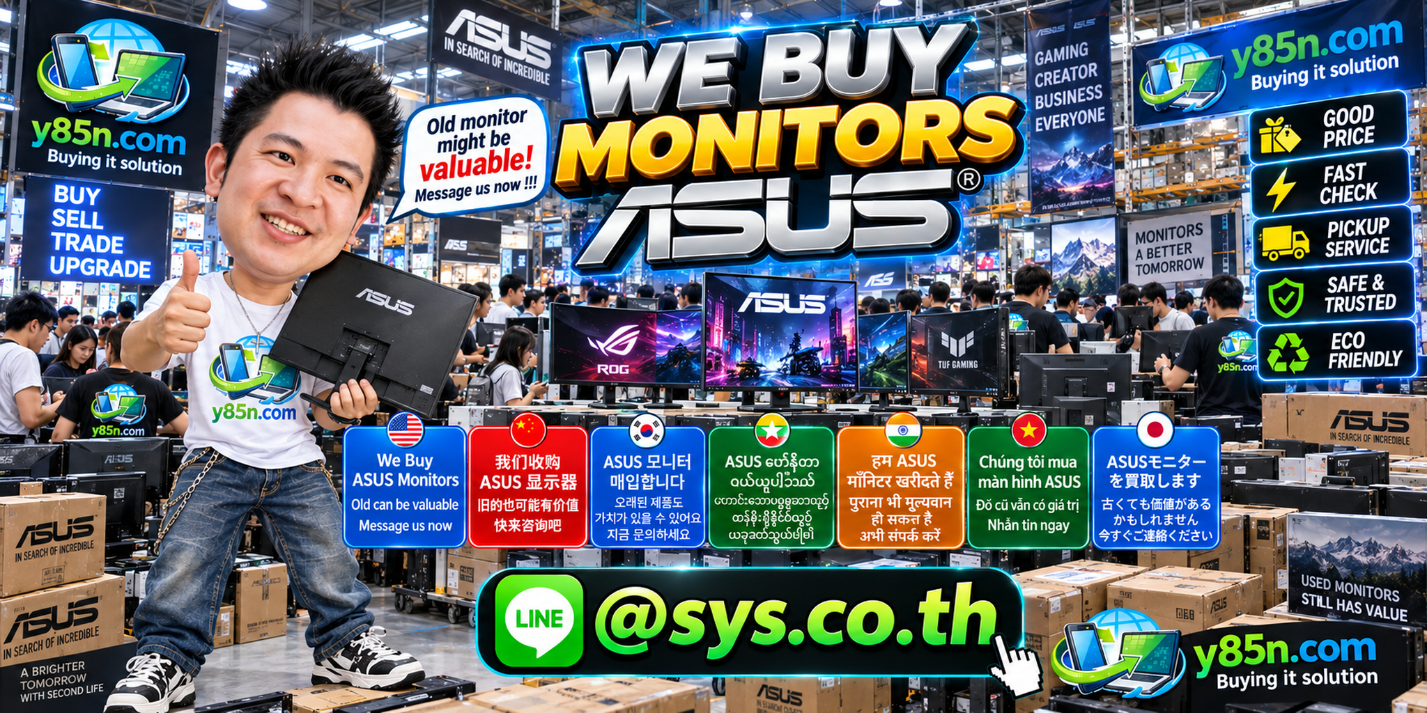 Busy Y85N.com warehouse showing a professional ASUS monitor buying service in Thailand