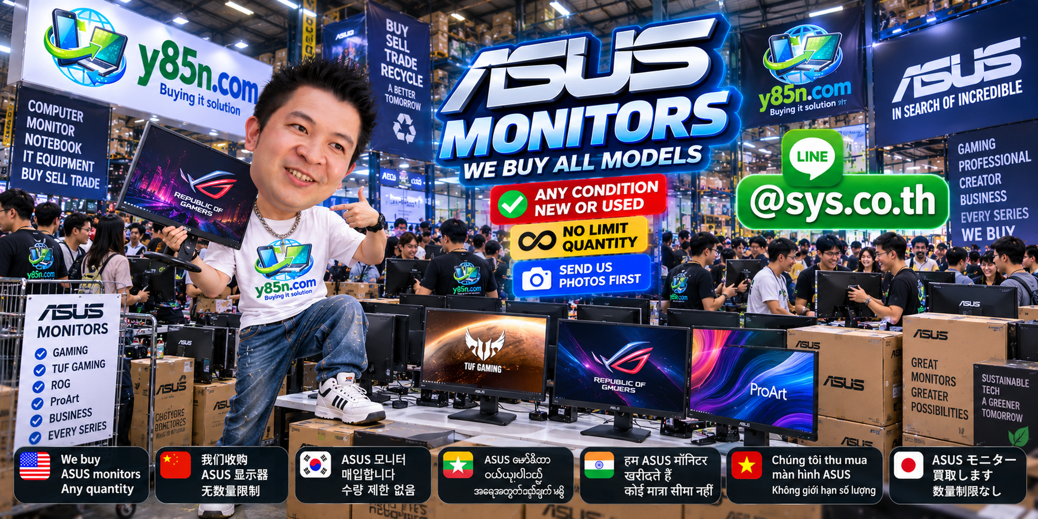 Y85N.com busy IT warehouse buying ASUS monitors from many customers