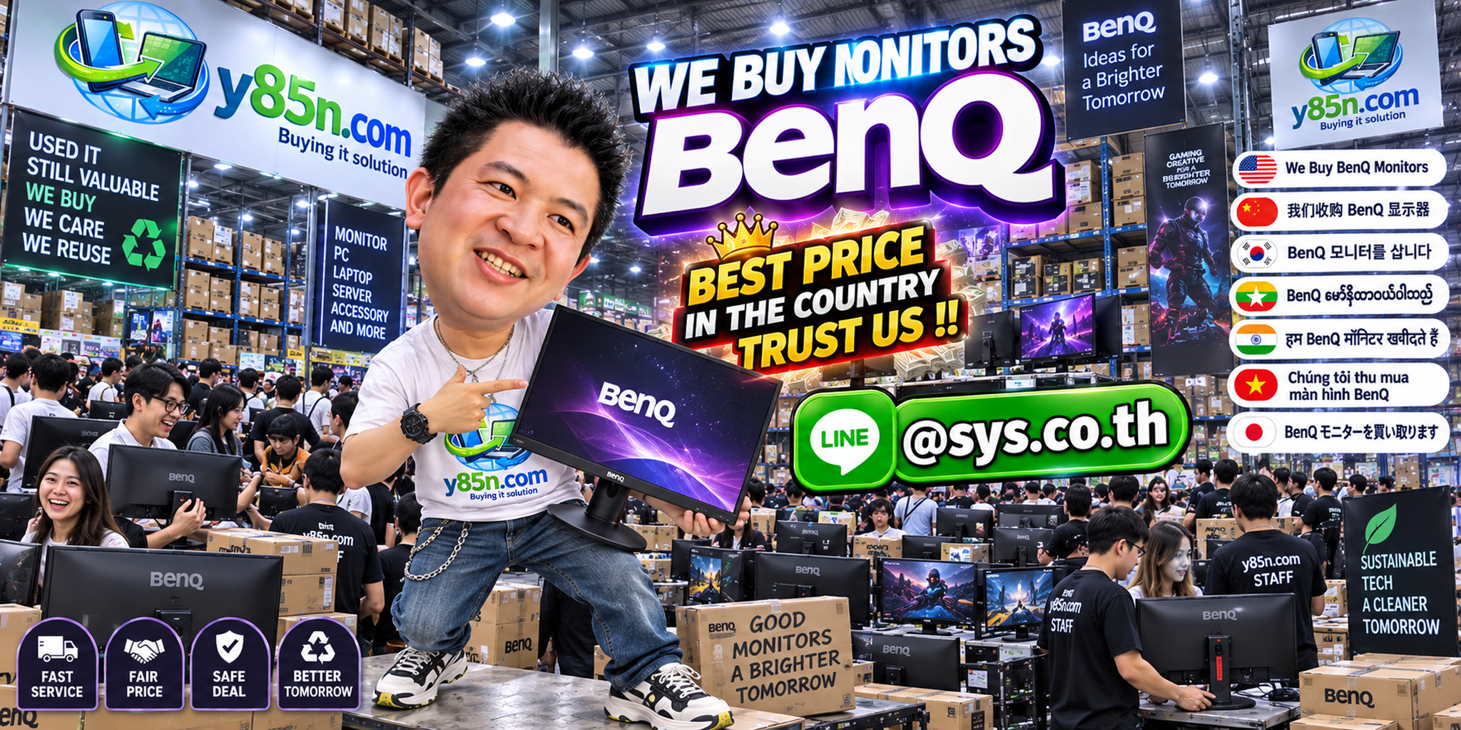 Y85N.com warehouse buying used BenQ monitors with international seller service in Thailand