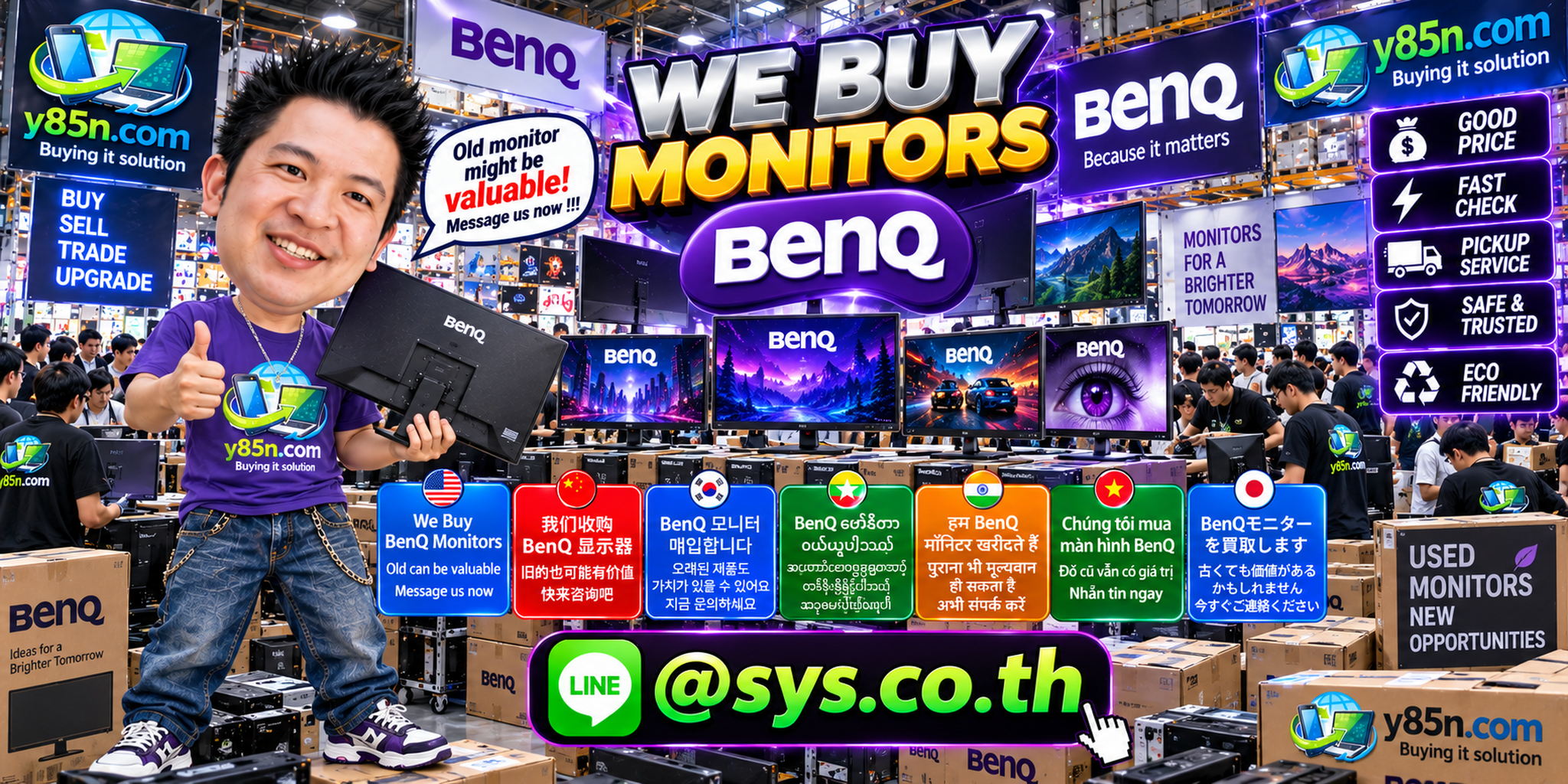 Busy Y85N.com computer warehouse buying used BenQ monitors in Thailand