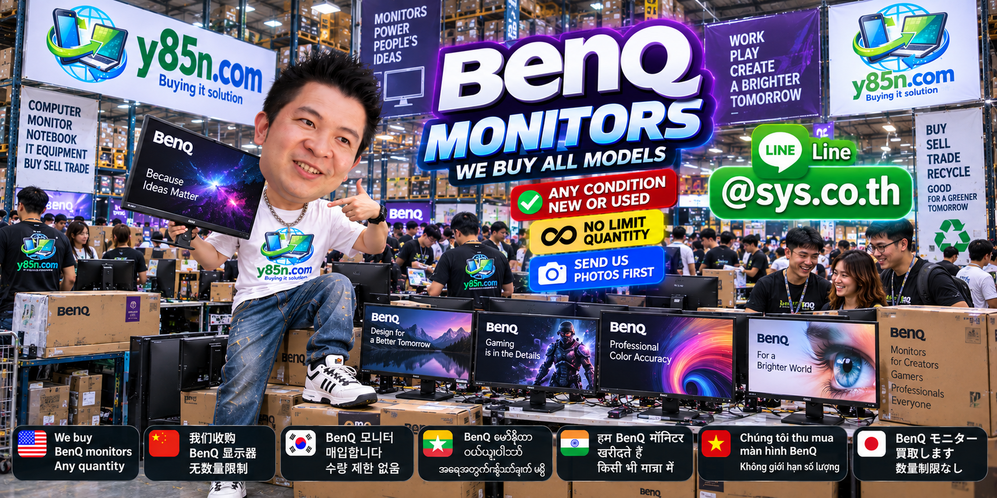 Busy Y85N.com warehouse evaluating used BenQ monitors from multiple sellers