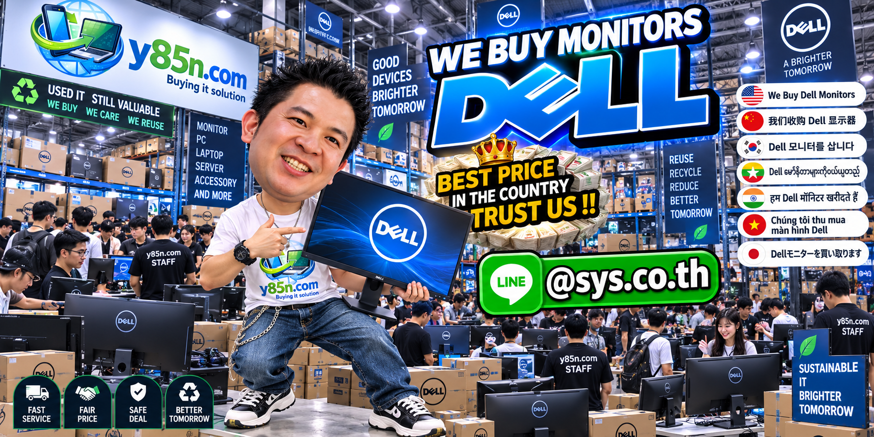 Y85N.com warehouse buying used Dell monitors with international seller messaging