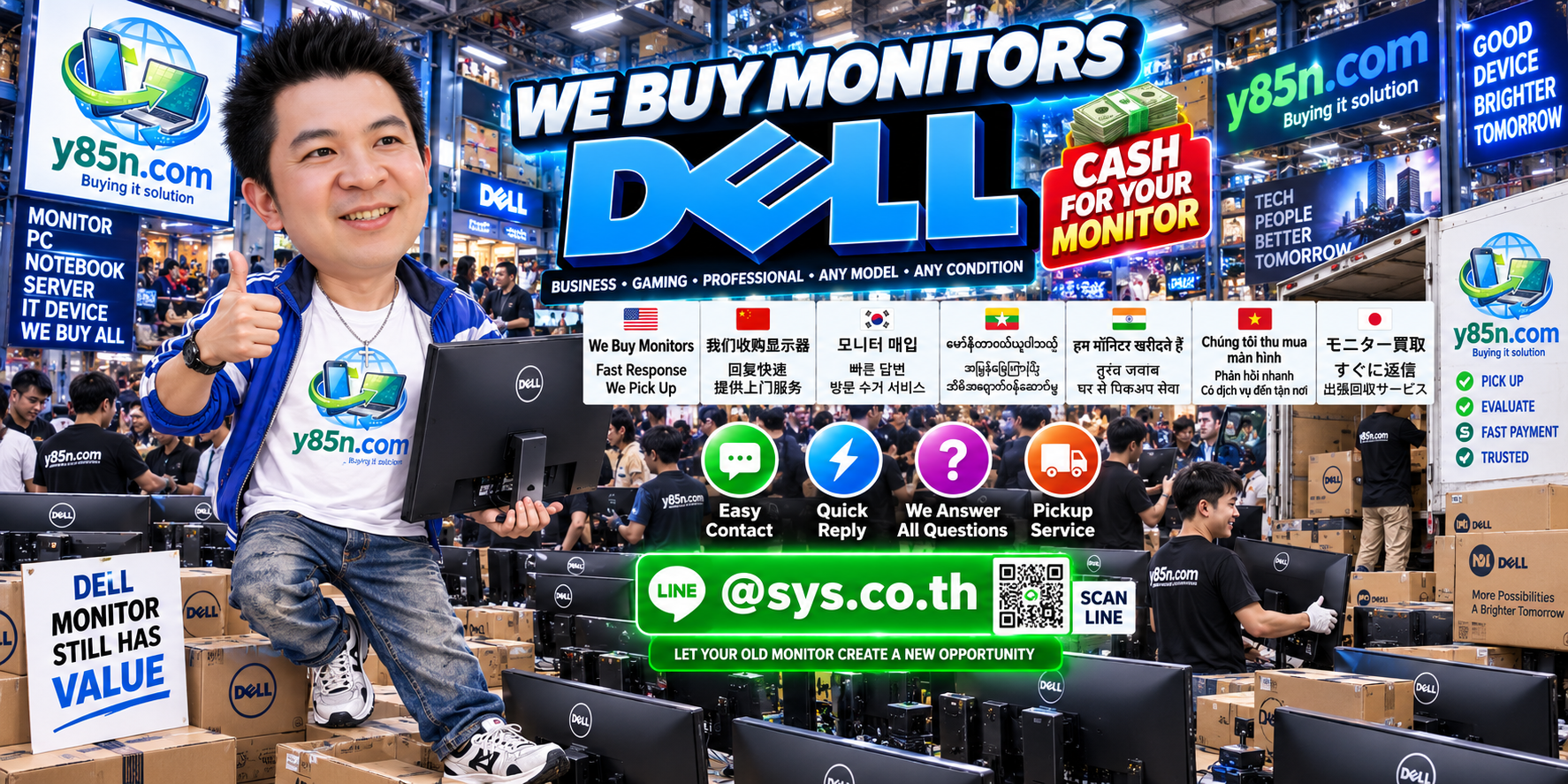 Y85N.com Dell monitor buying service contact banner with LINE at sys.co.th