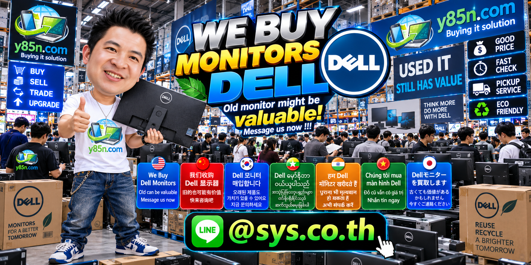 Busy Y85N.com warehouse buying used and bulk Dell monitors in Thailand