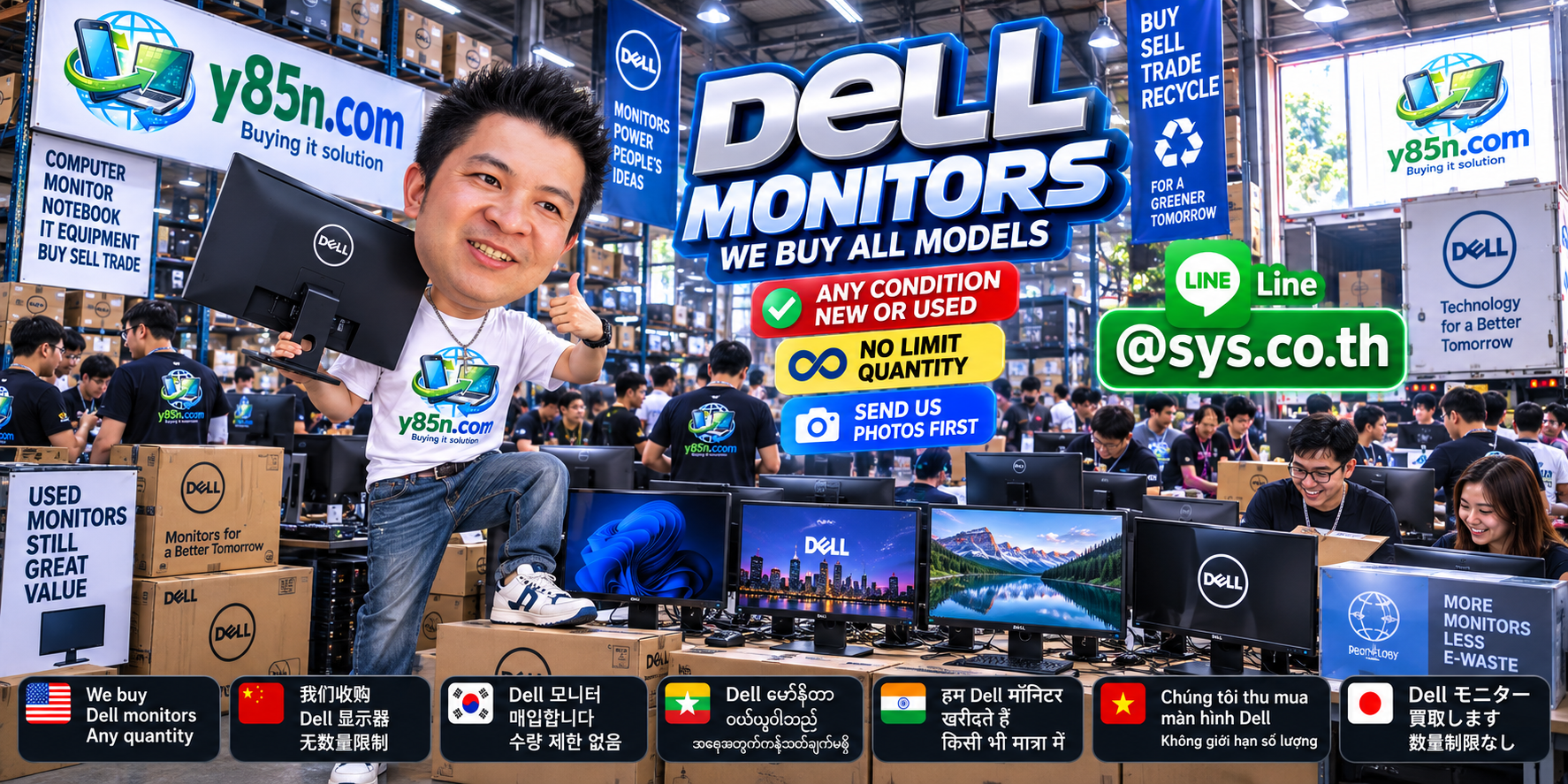 Y85N.com warehouse with customers selling Dell monitors and corporate display inventories