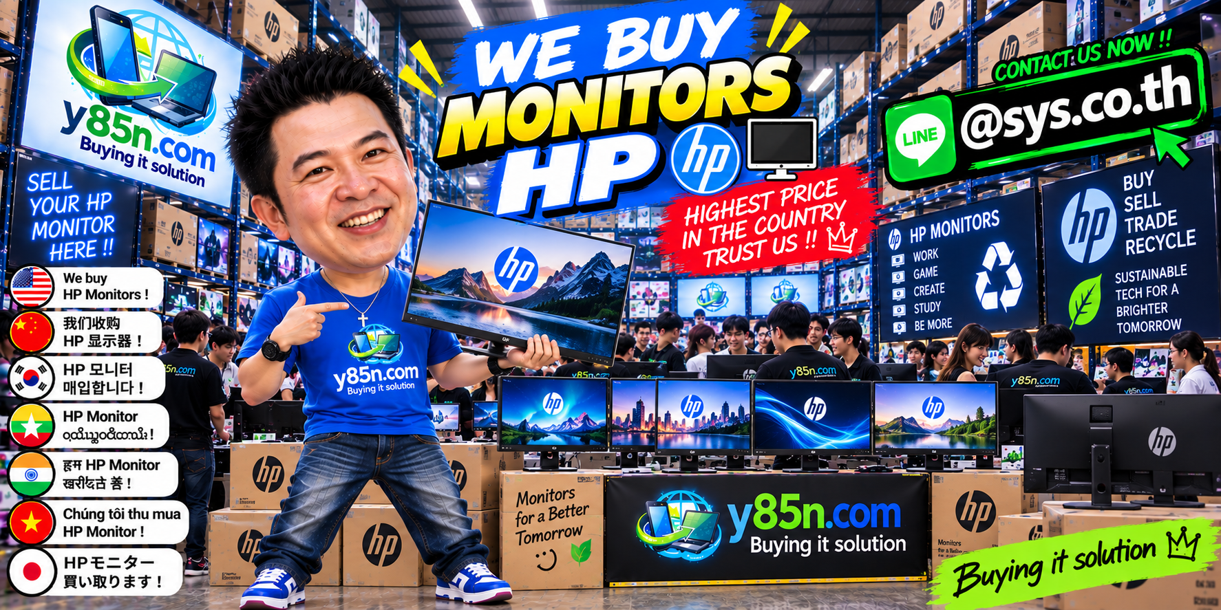 Y85N.com warehouse buying used HP monitors with international seller support