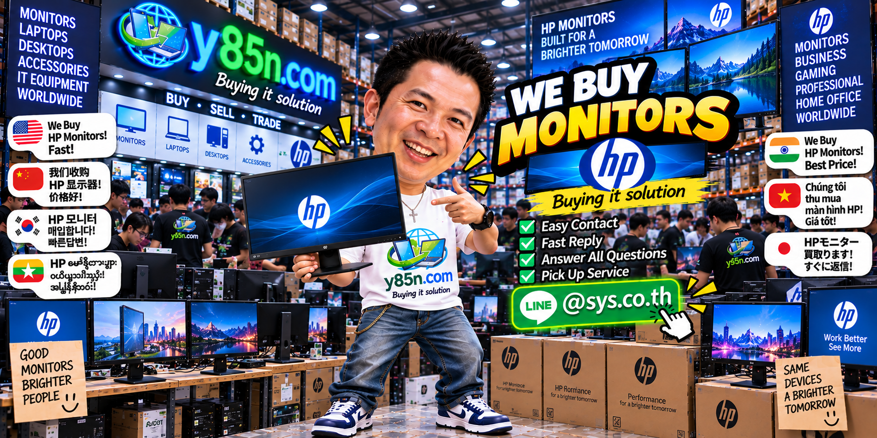Y85N.com HP monitor buying contact banner with LINE at sys.co.th