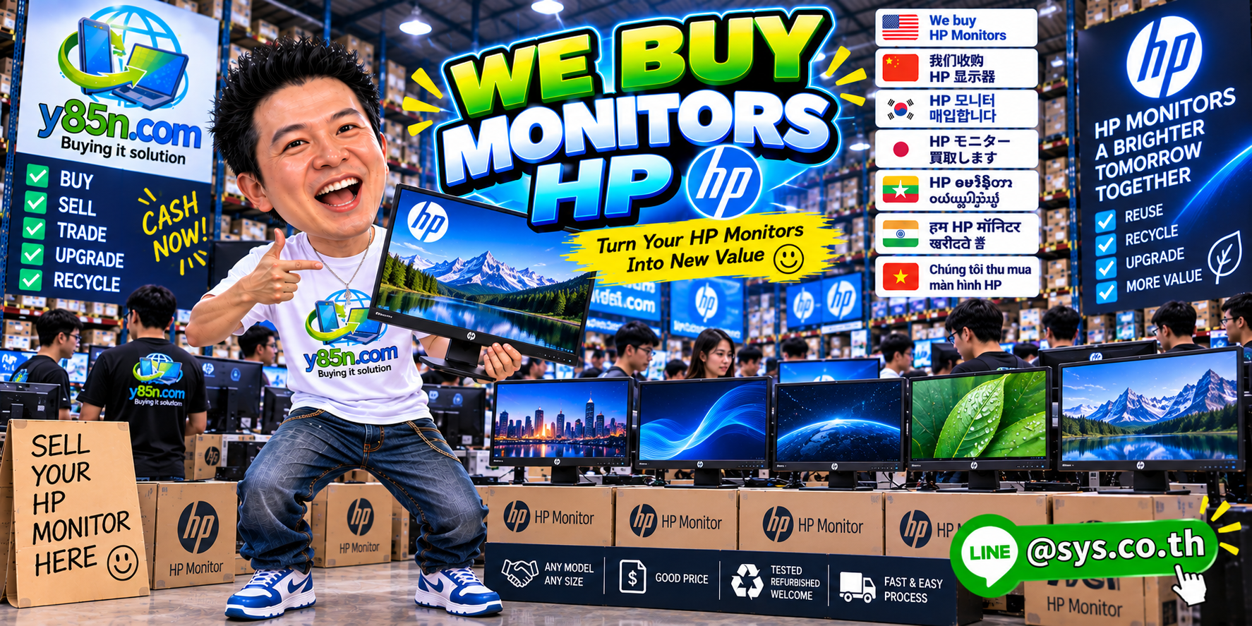 Busy Y85N.com warehouse buying HP monitors in Thailand