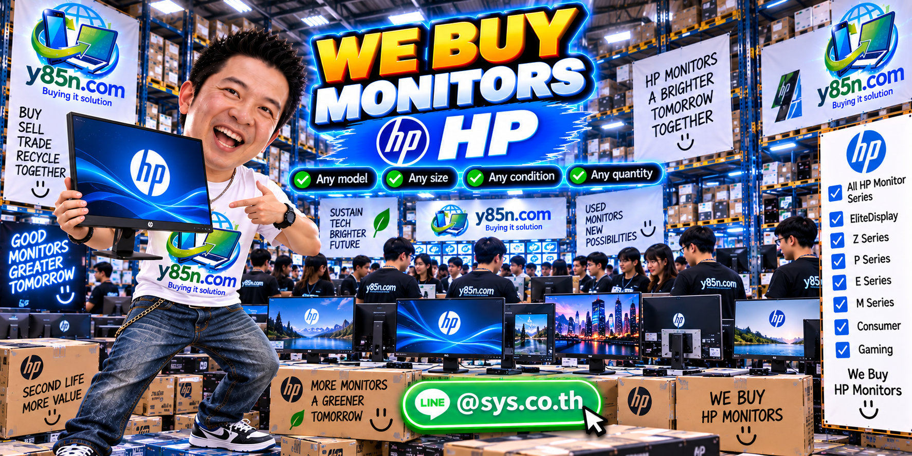 Y85N.com team and customers at a busy HP monitor buying warehouse