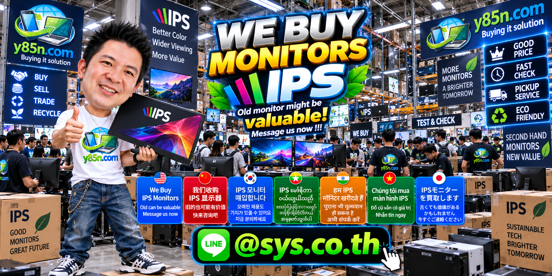 Y85N.com IPS monitor buying service contact banner with LINE at sys.co.th