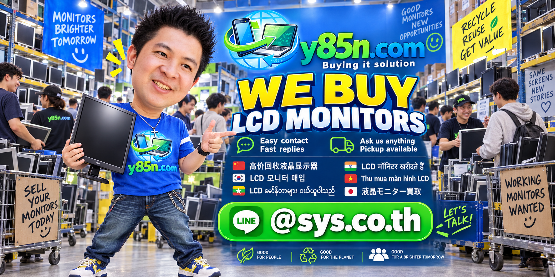 Y85N.com team and customers at a busy warehouse buying IPS monitors
