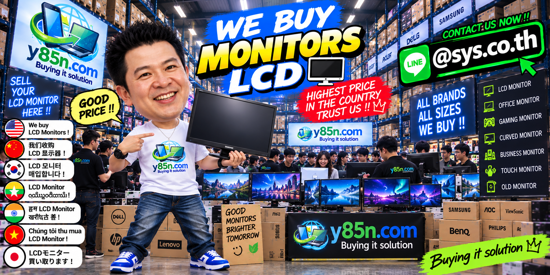 Y85N.com warehouse buying used LCD monitors with international seller service in Thailand