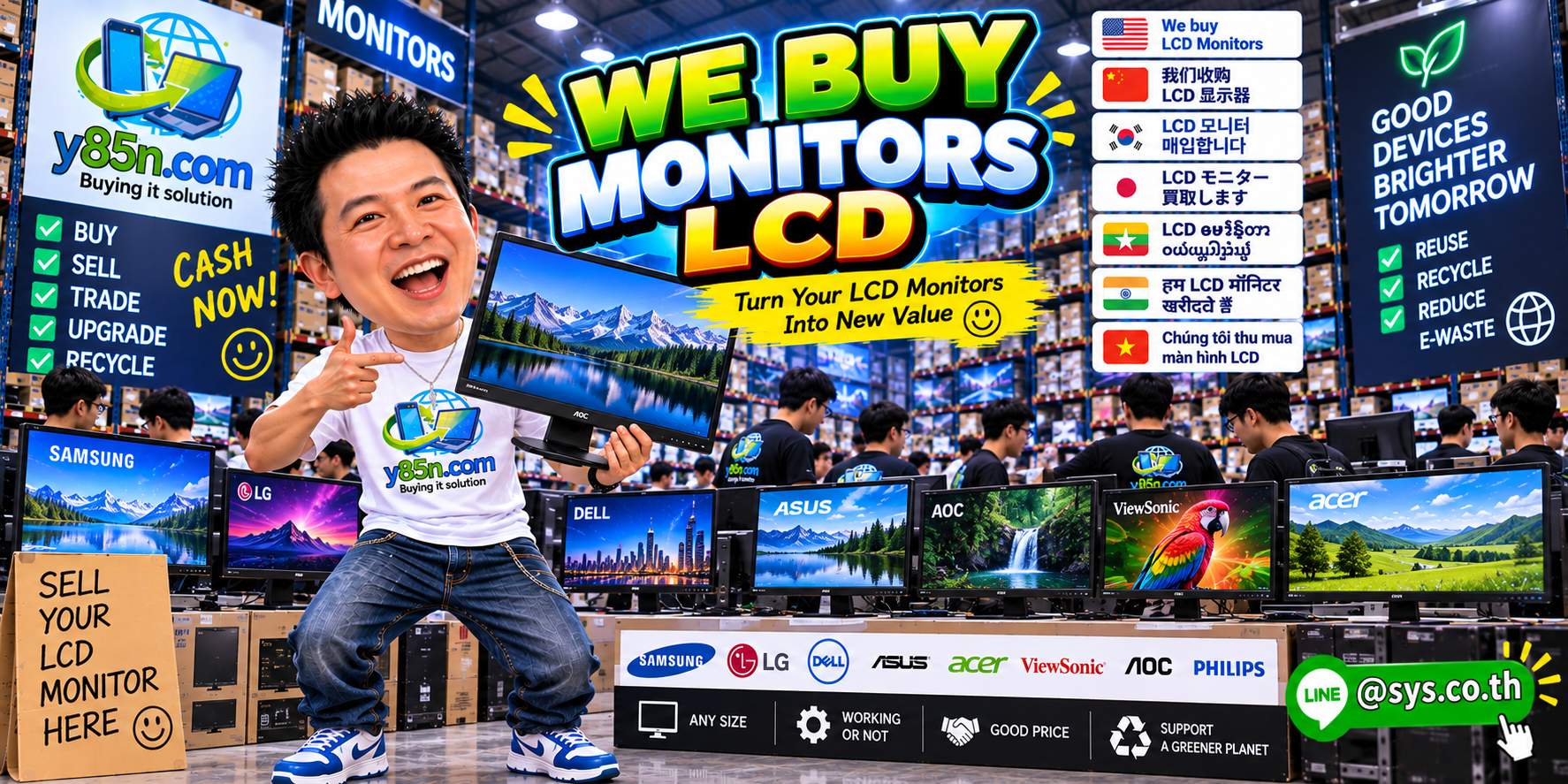 Busy Y85N.com computer warehouse buying used LCD monitors in Thailand