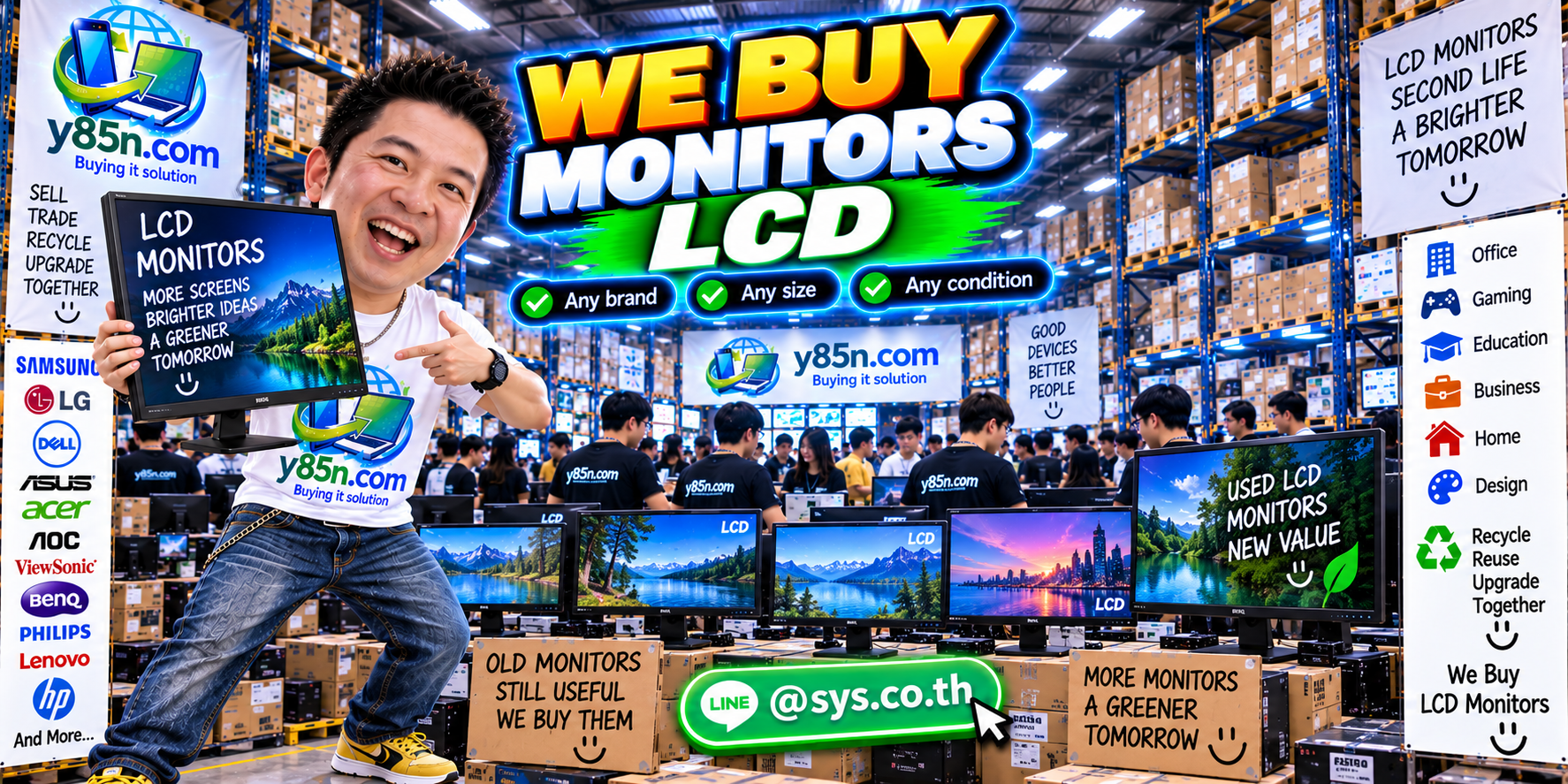 Busy Y85N.com warehouse evaluating used LCD monitors from multiple sellers