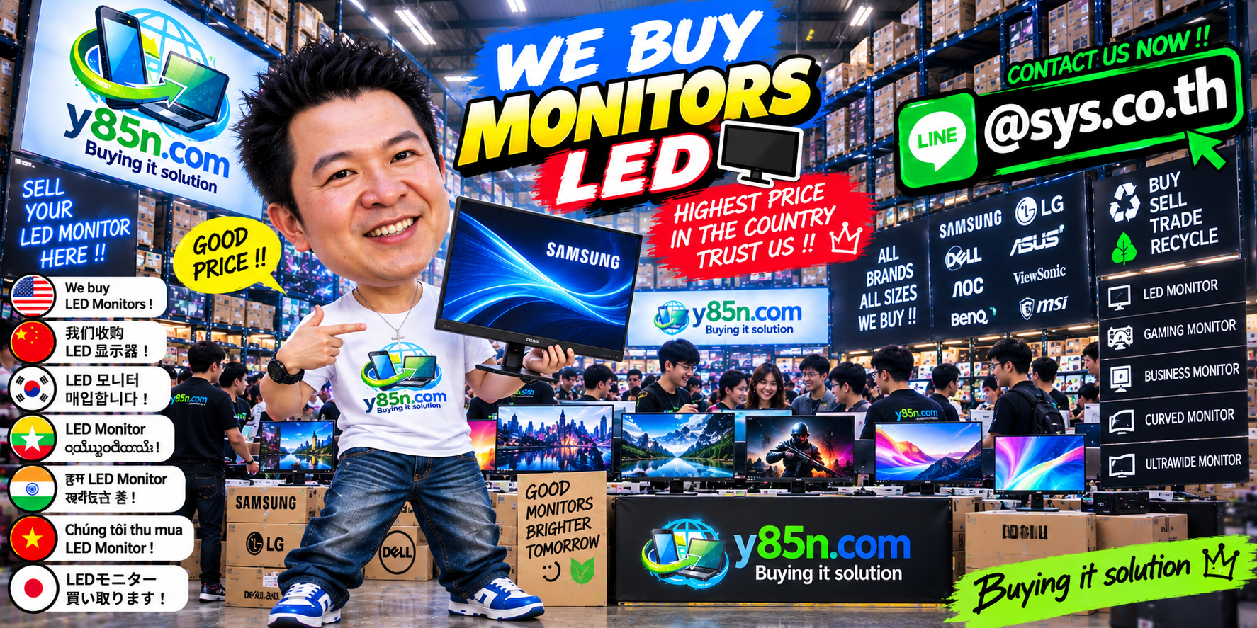 Y85N.com warehouse buying used LED monitors with international seller service in Thailand