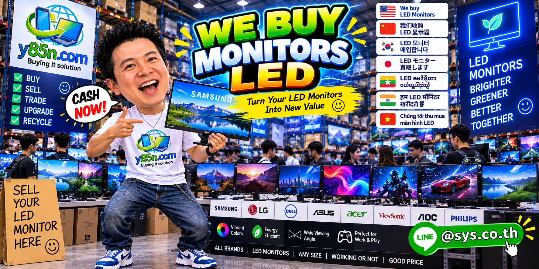 Busy Y85N.com computer warehouse buying used LED monitors in Thailand