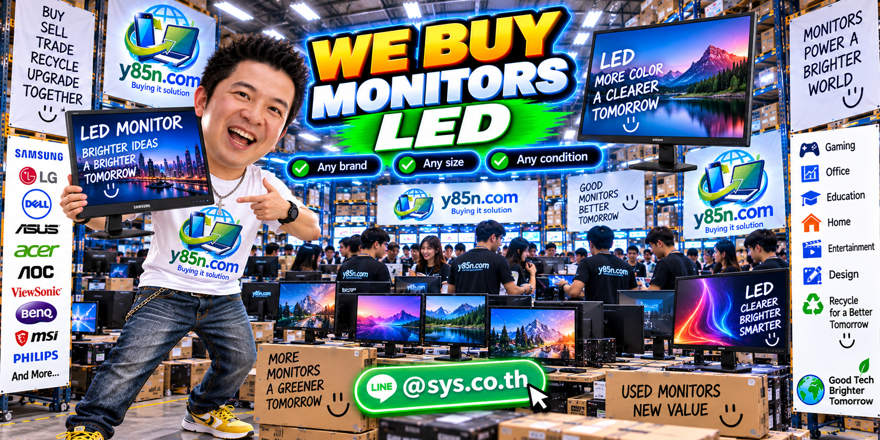 Busy Y85N.com warehouse evaluating used LED monitors from multiple sellers