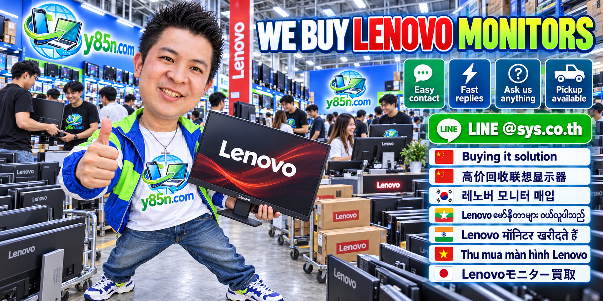 Y85N.com Lenovo monitor buying contact banner with LINE at sys.co.th
