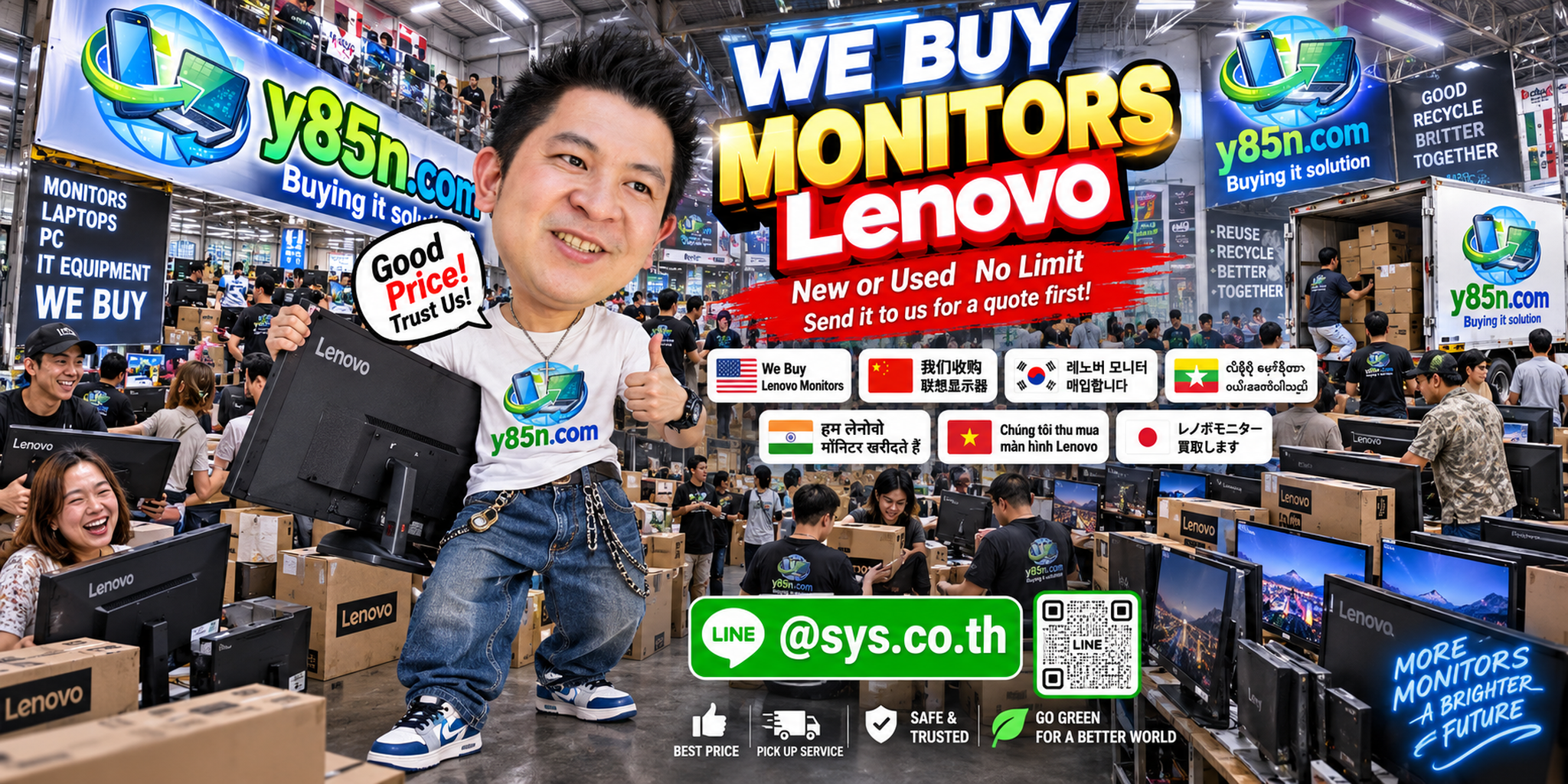 Y85N.com team and customers in a busy warehouse buying Lenovo monitors