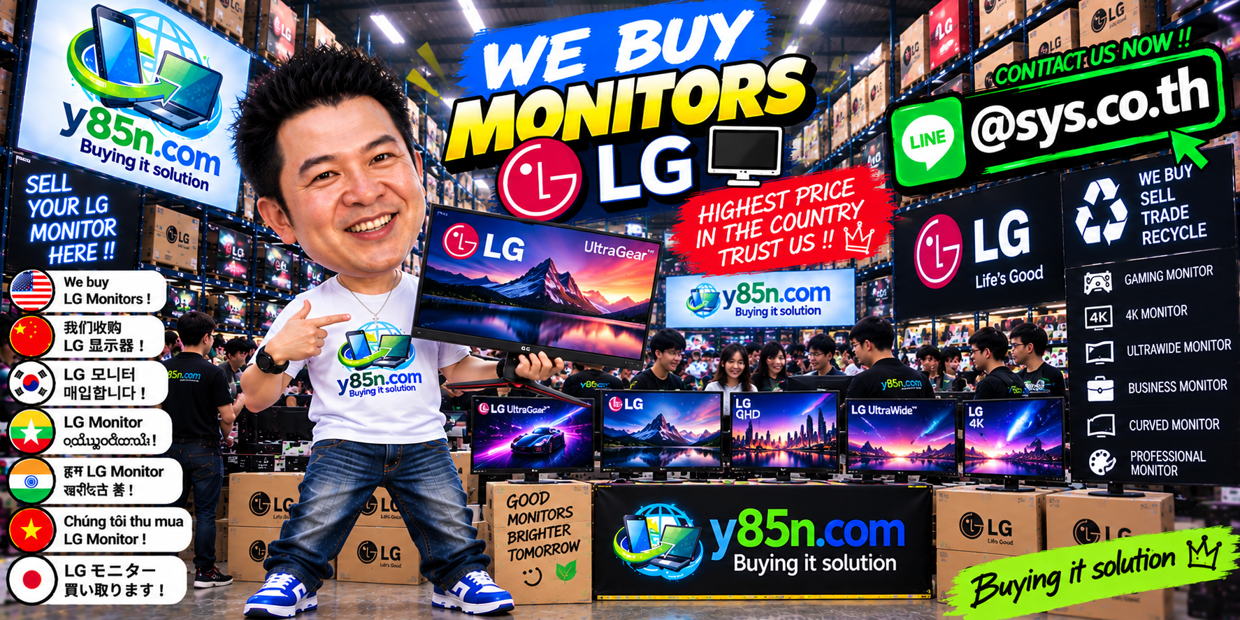 Y85N.com warehouse buying used LG monitors with international seller support