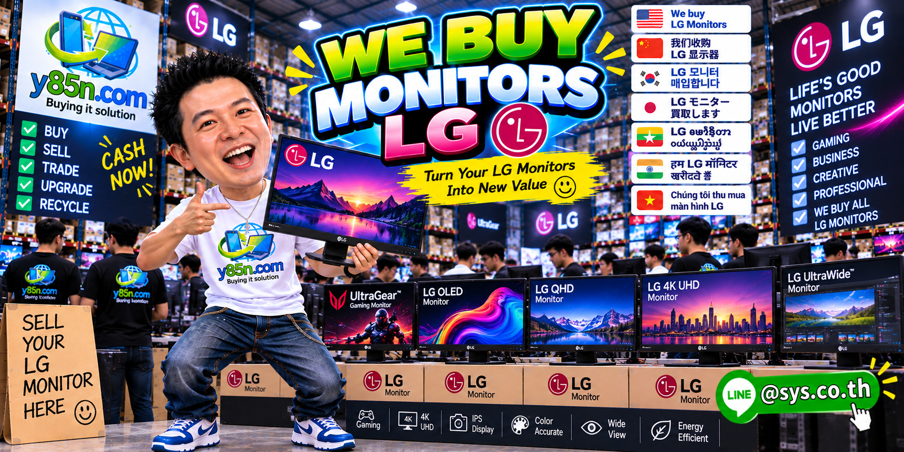 Busy Y85N.com warehouse buying LG monitors in Thailand