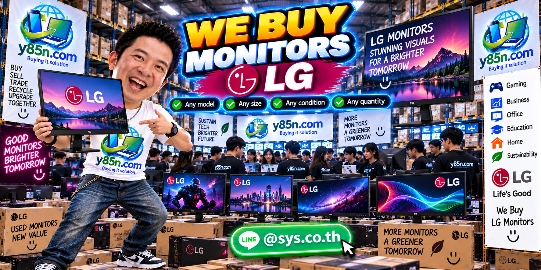 Y85N.com team and customers at a busy LG monitor buying warehouse
