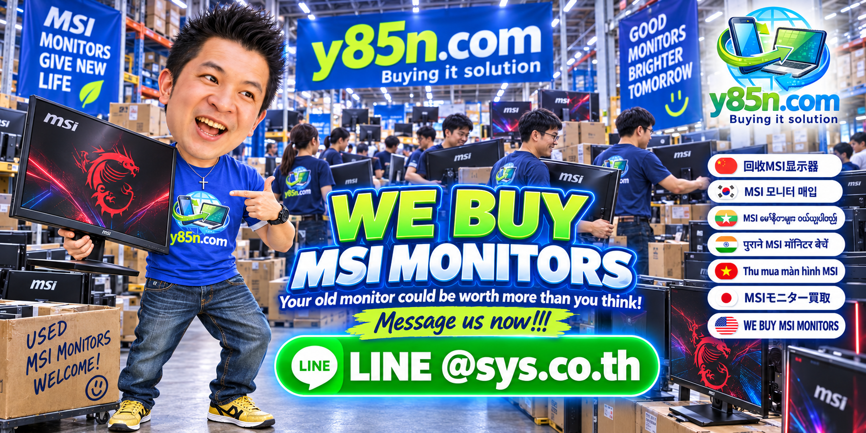 Y85N.com MSI monitor buying service contact banner with LINE at sys.co.th