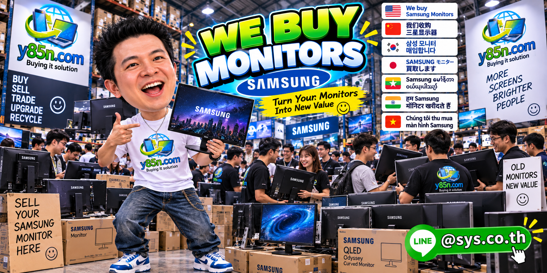 Busy Y85N.com warehouse showing a professional Samsung monitor buying service in Thailand