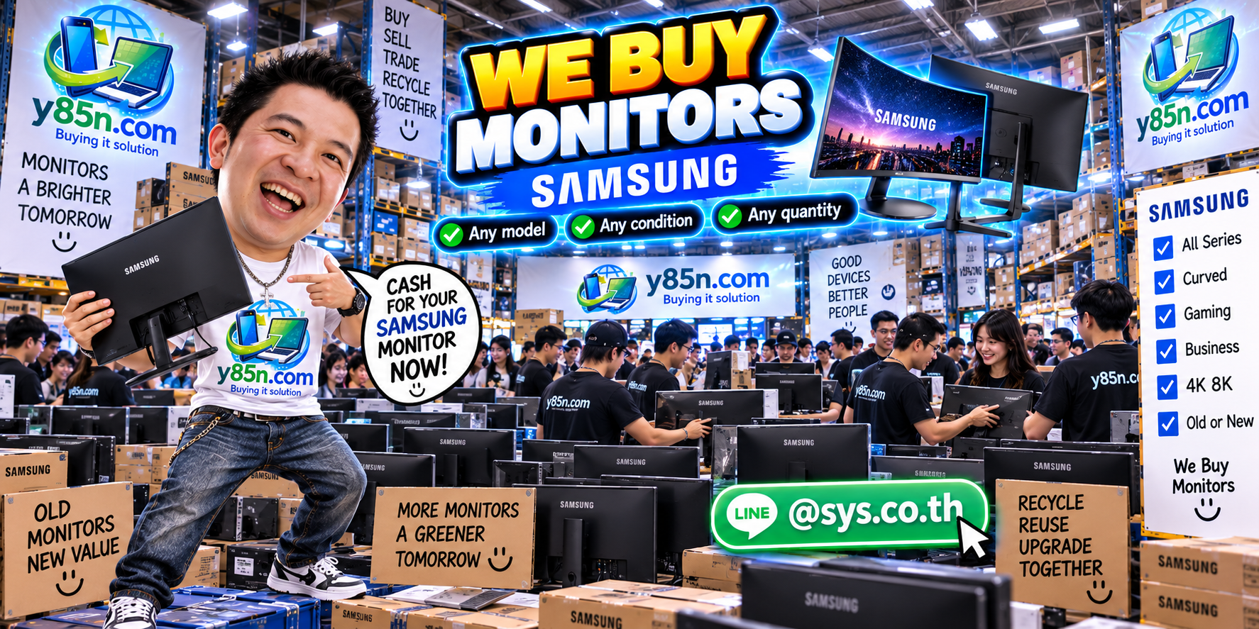 Y85N.com busy IT warehouse buying Samsung monitors from many customers