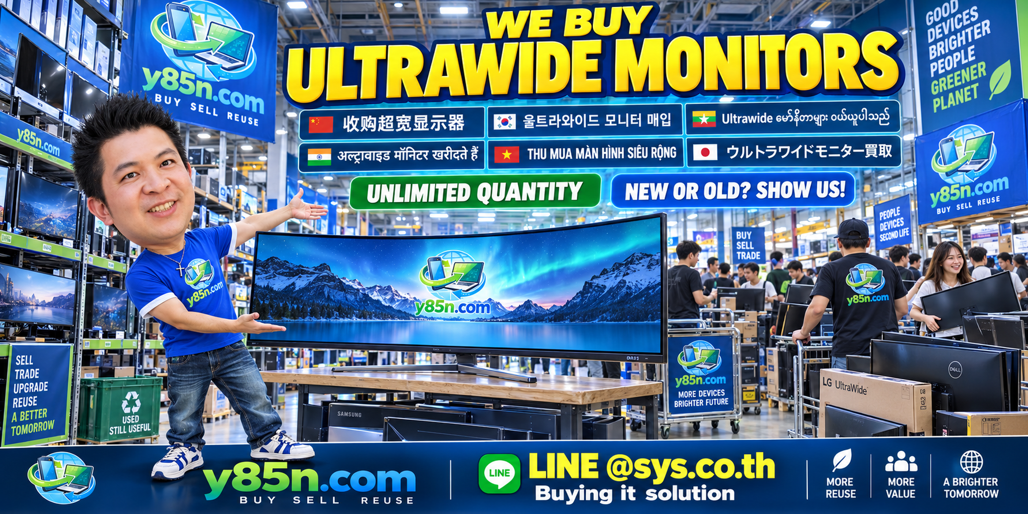Y85N.com warehouse buying used ultrawide monitors with international seller service in Thailand