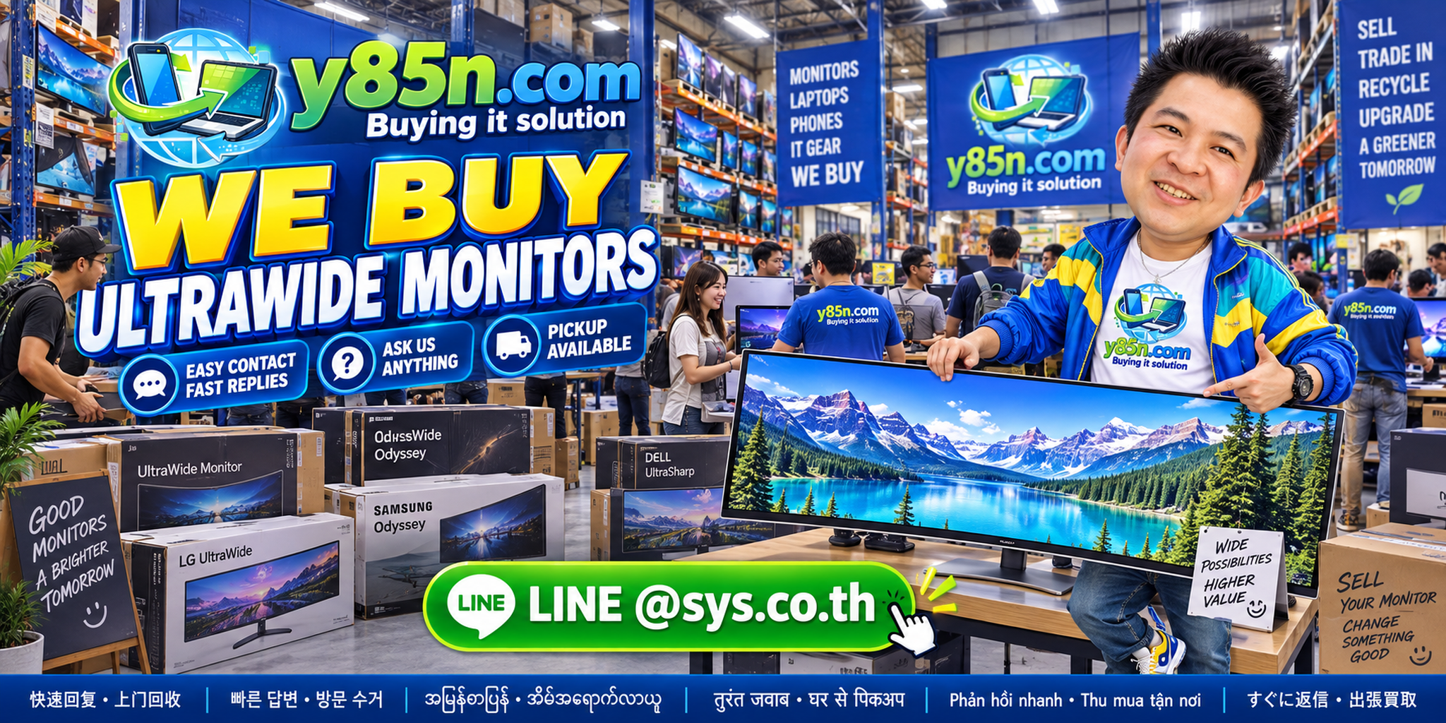 Busy Y85N.com computer warehouse buying used ultrawide monitors in Thailand