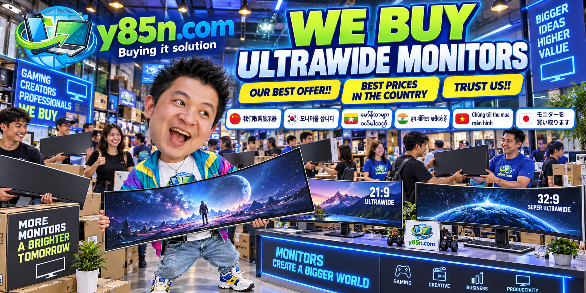Busy Y85N.com warehouse evaluating used ultrawide monitors from multiple sellers
