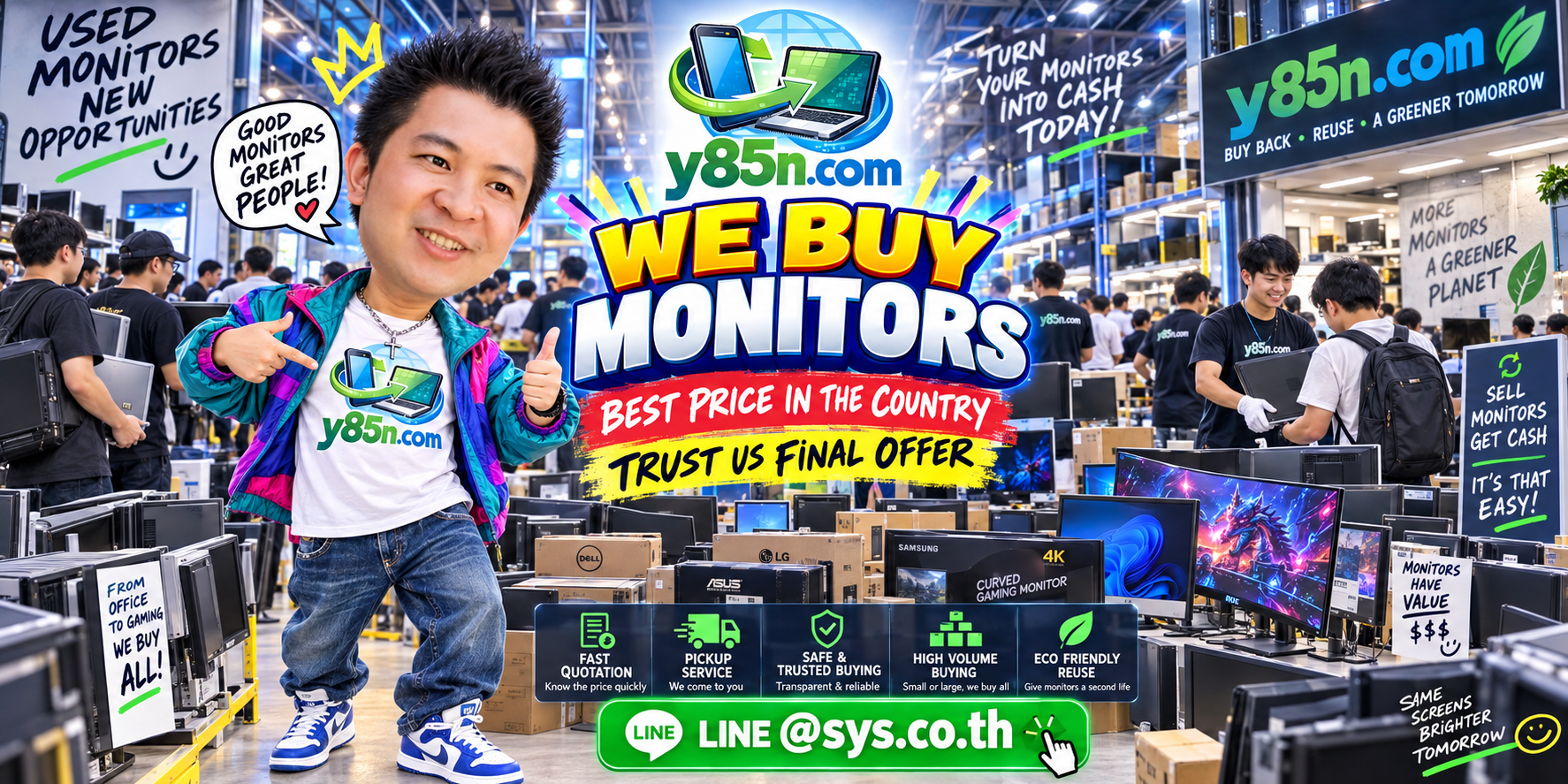 Y85N.com warehouse buying used monitors with international seller support