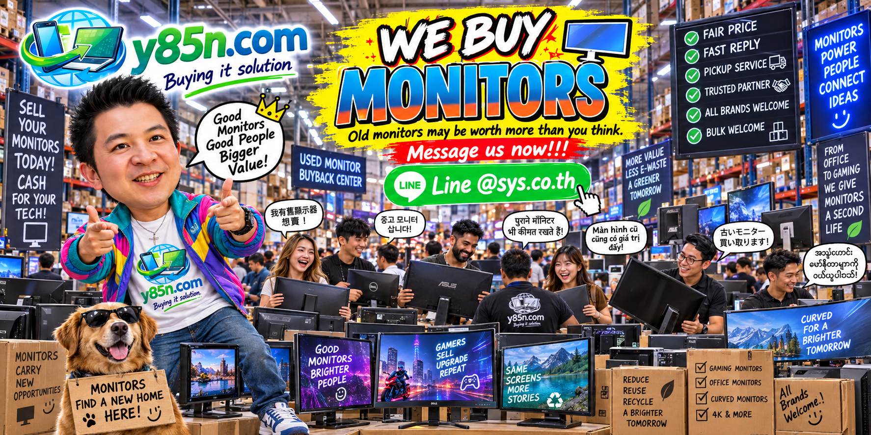 Busy Y85N.com monitor buying warehouse in Thailand with office and gaming displays