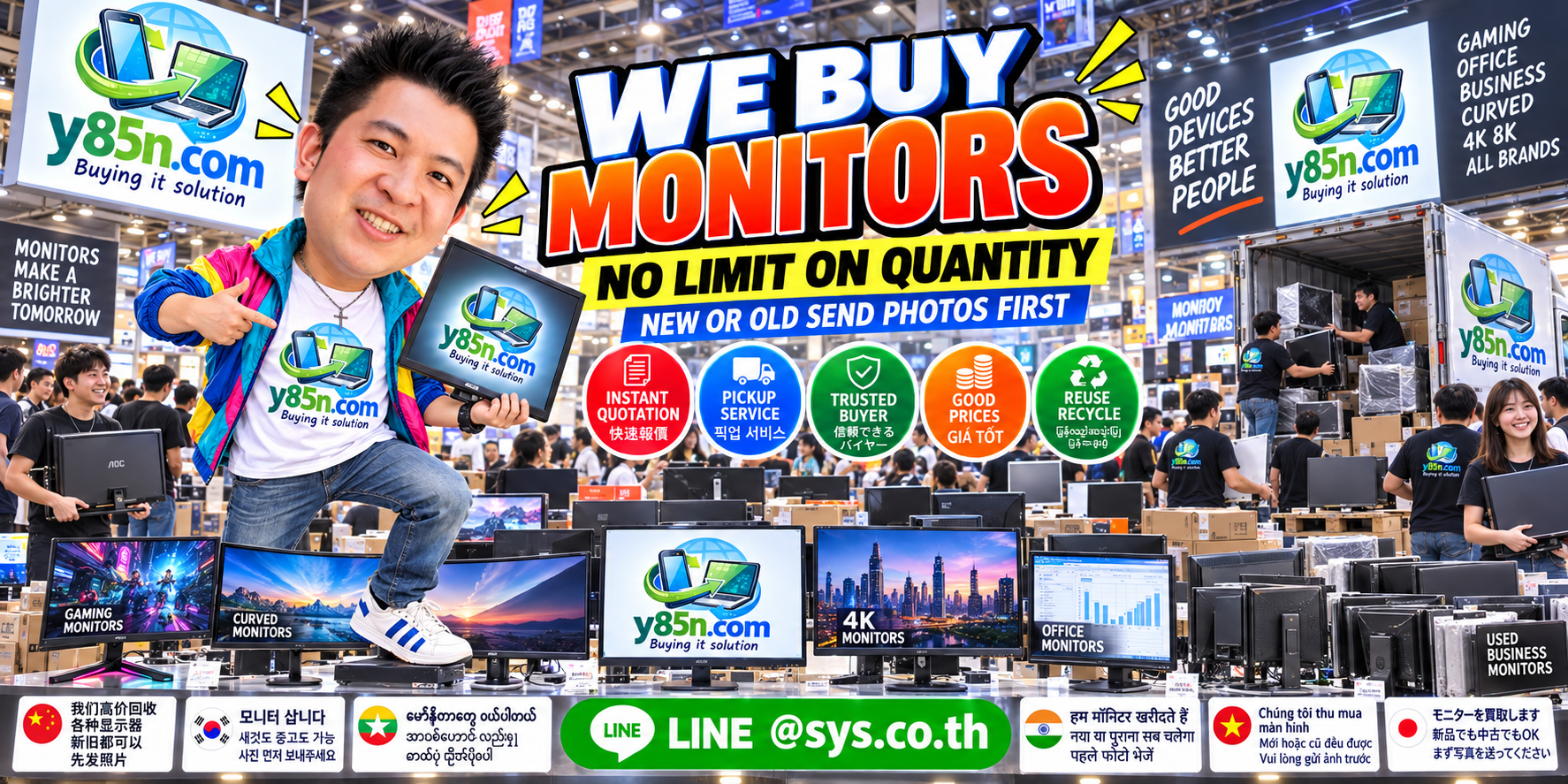 Y85N.com busy warehouse buying used monitors and company display fleets