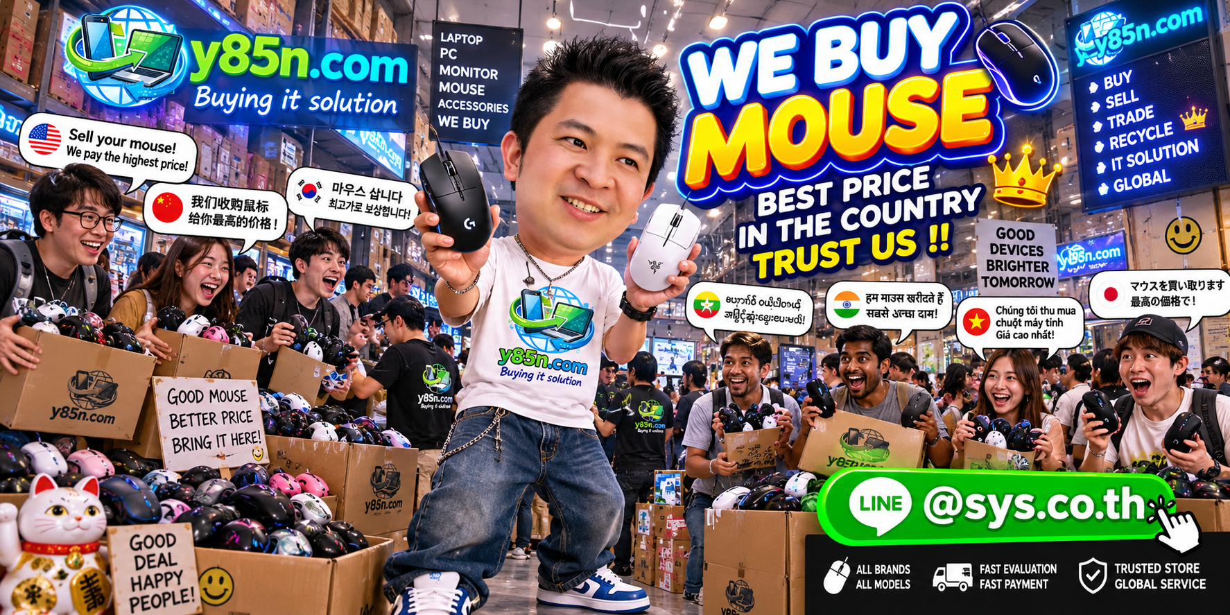 Y85N.com warehouse buying used gaming, wireless and office computer mice from international sellers in Thailand