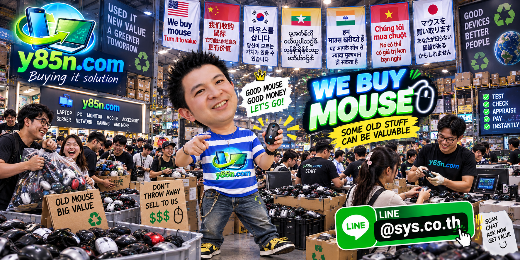 Busy Y85N.com IT warehouse showing a professional computer mouse buying service in Thailand