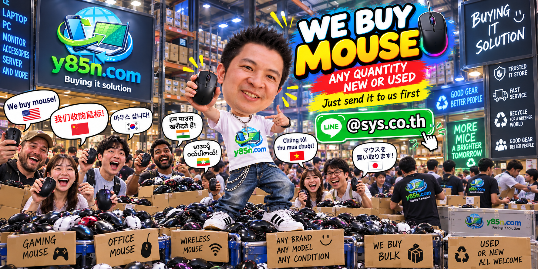 Y85N.com team and customers at a busy computer mouse and IT accessory buying warehouse