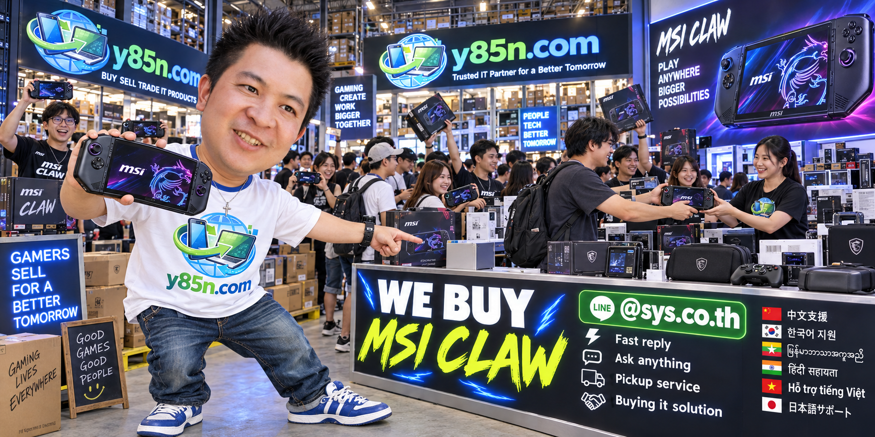 Y85N.com MSI Claw buying contact banner with LINE sys.co.th